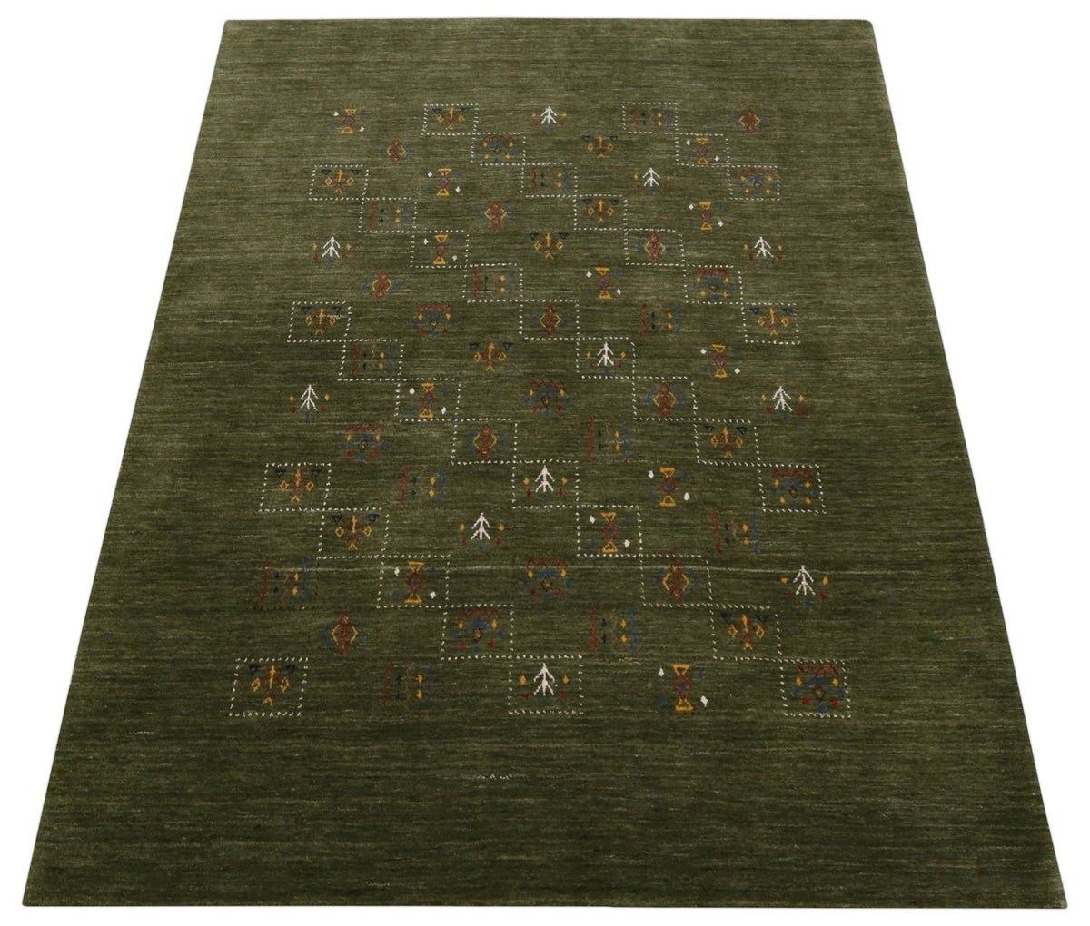 Green Tribal Design Hand Loomed Wool Area Rug.