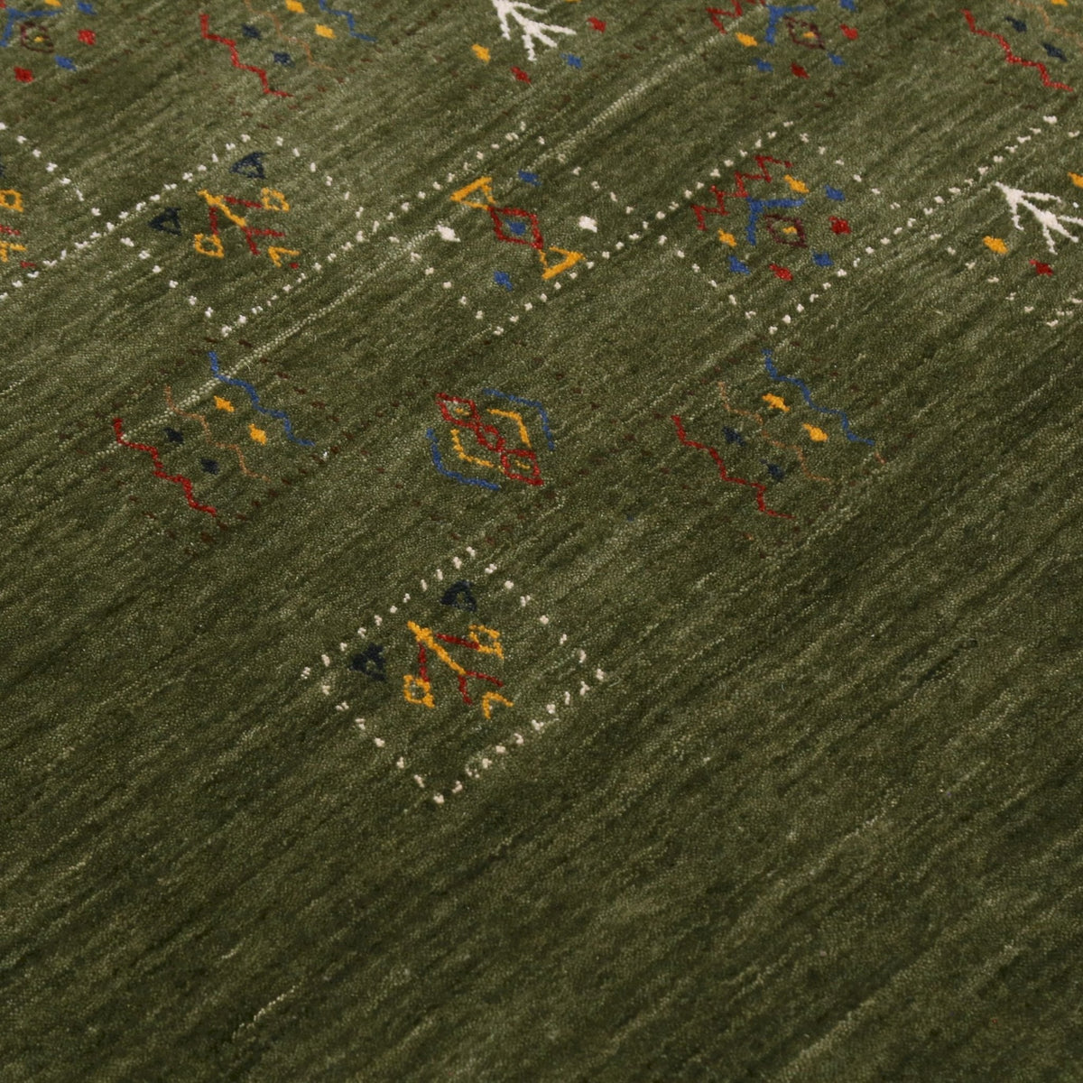 Green Tribal Design Hand Loomed Wool Area Rug.