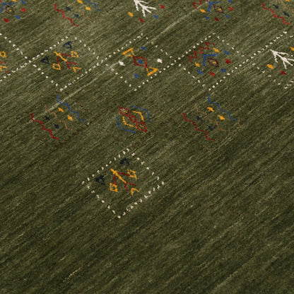Green Tribal Design Hand Loomed Wool Area Rug.