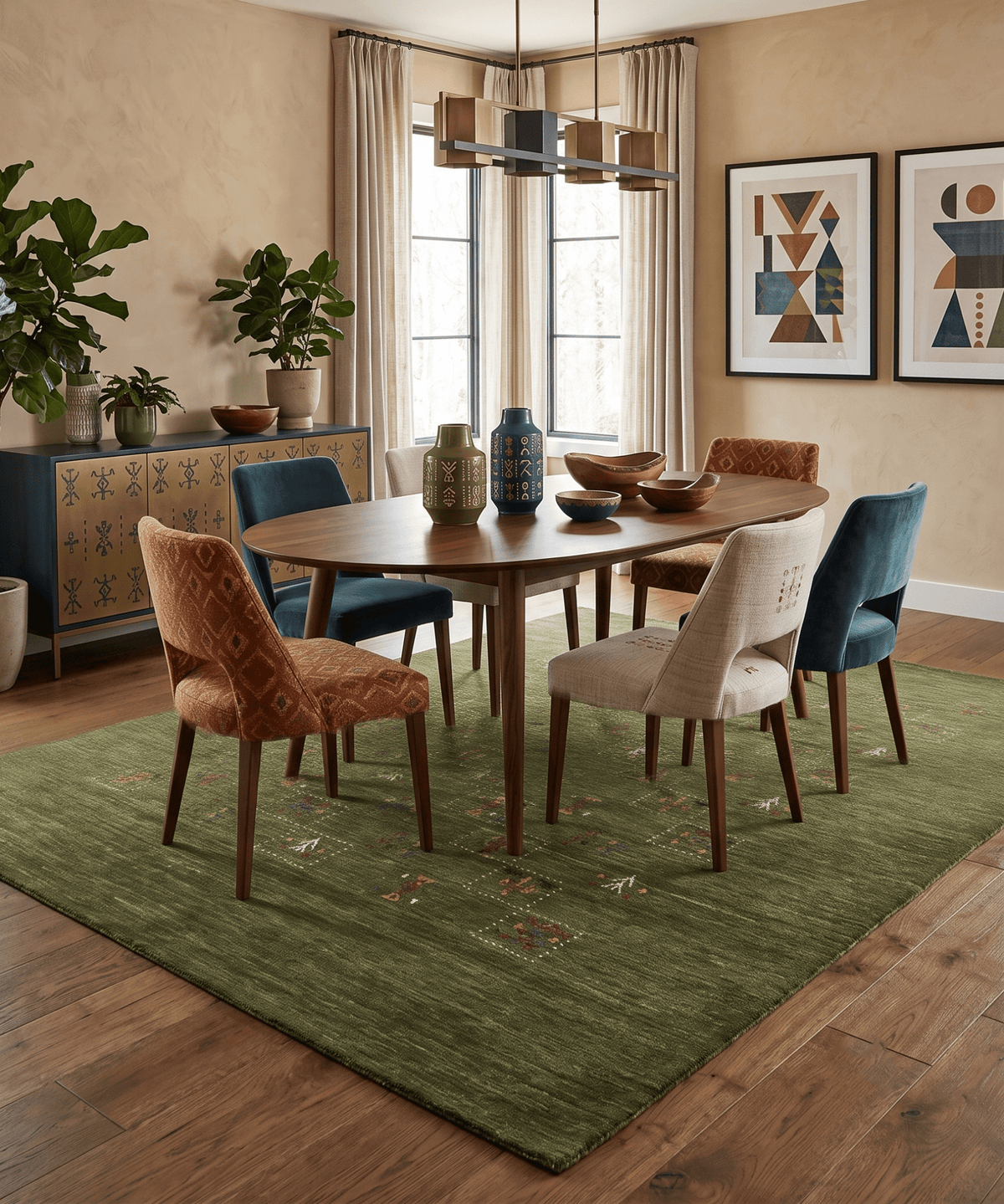 Green Tribal Design Hand Loomed Wool Area Rug.