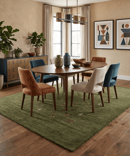Green Tribal Design Hand Loomed Wool Area Rug.