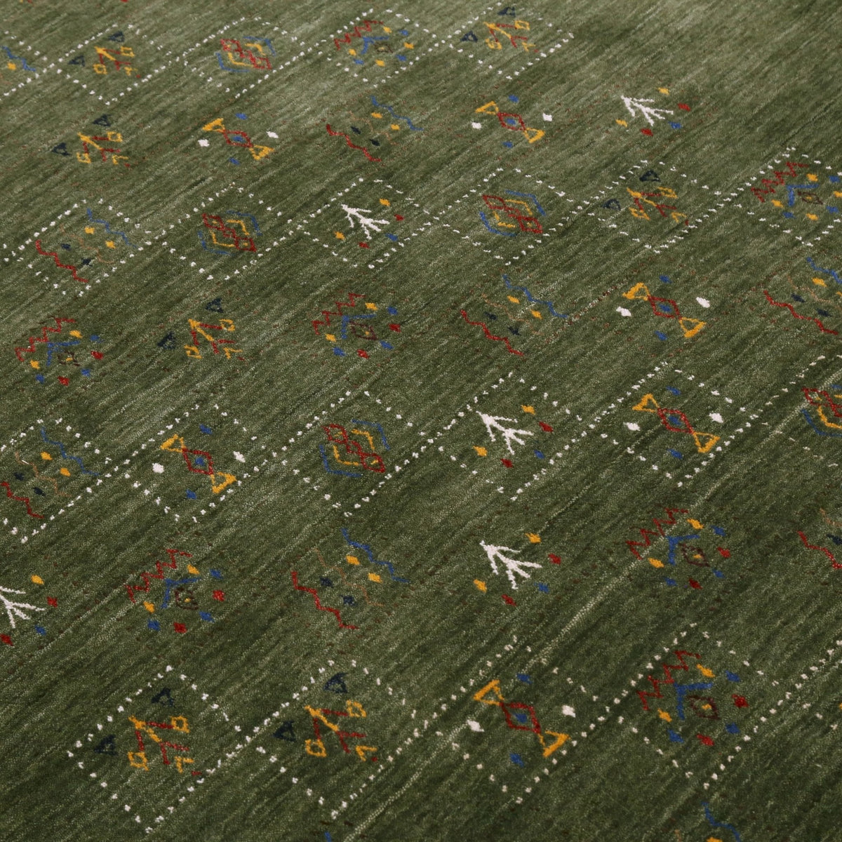 Green Tribal Design Hand Loomed Wool Area Rug.