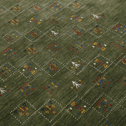 Green Tribal Design Hand Loomed Wool Area Rug.