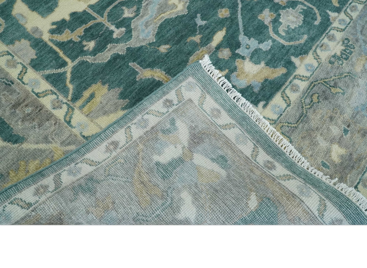 Hand Knotted Oriental Oushak Teal and Beige Multi Size Wool Area Rug.