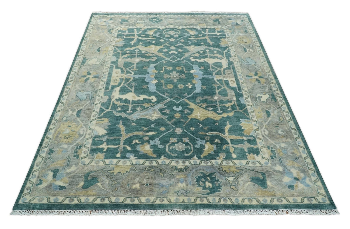 Hand Knotted Oriental Oushak Teal and Beige Multi Size Wool Area Rug.