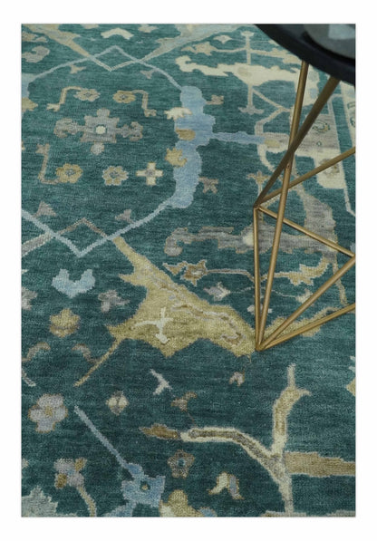 Hand Knotted Oriental Oushak Teal and Beige Multi Size Wool Area Rug.