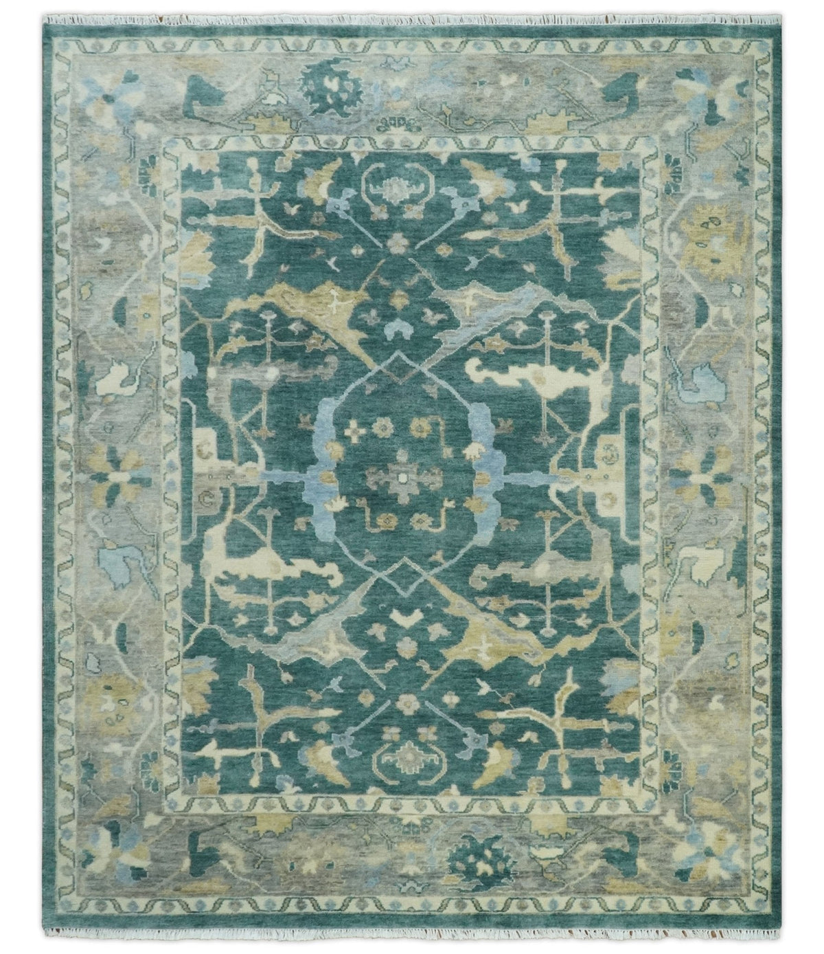 Hand Knotted Oriental Oushak Teal and Beige Multi Size Wool Area Rug.