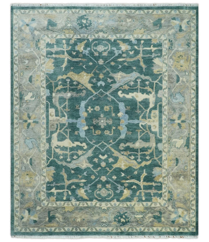 Hand Knotted Oriental Oushak Teal and Beige Multi Size Wool Area Rug.