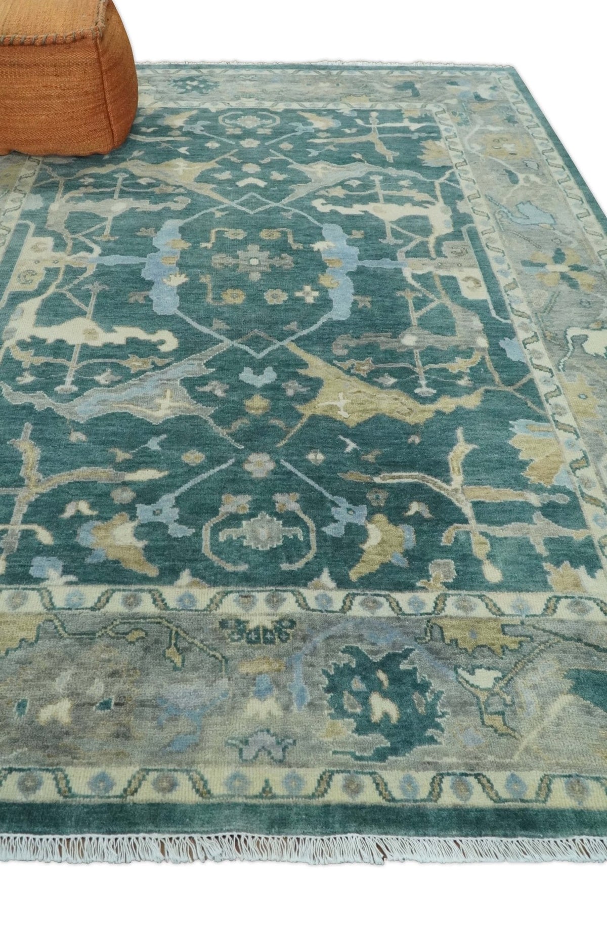 Hand Knotted Oriental Oushak Teal and Beige Multi Size Wool Area Rug.