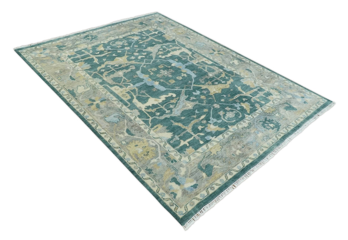 Hand Knotted Oriental Oushak Teal and Beige Multi Size Wool Area Rug.