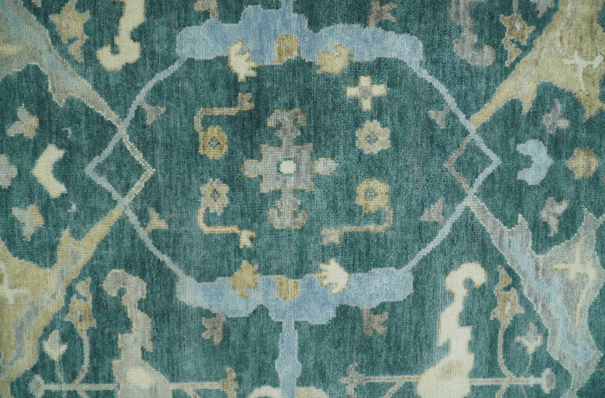 Hand Knotted Oriental Oushak Teal and Beige Multi Size Wool Area Rug.