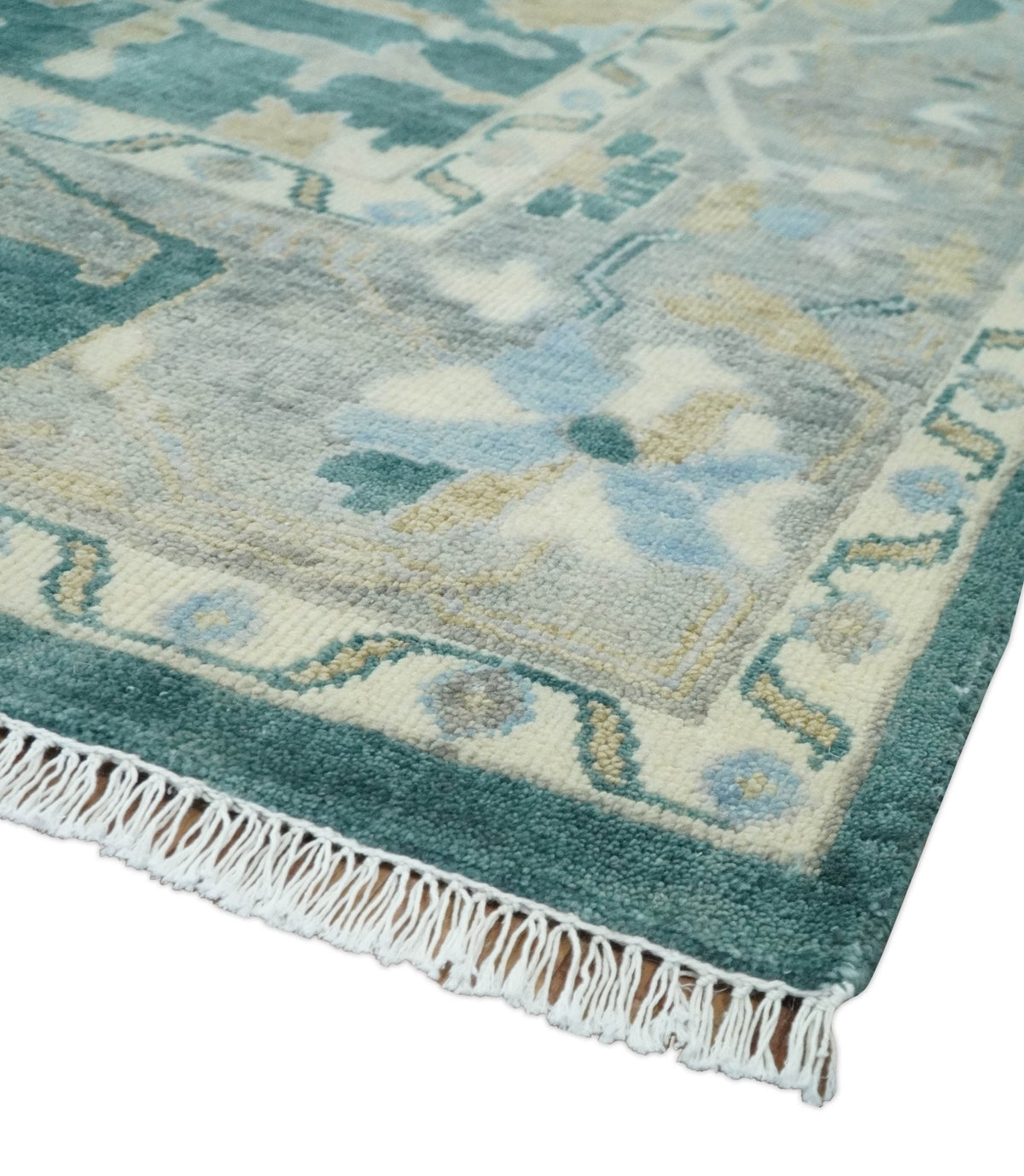 Hand Knotted Oriental Oushak Teal and Beige Multi Size Wool Area Rug.