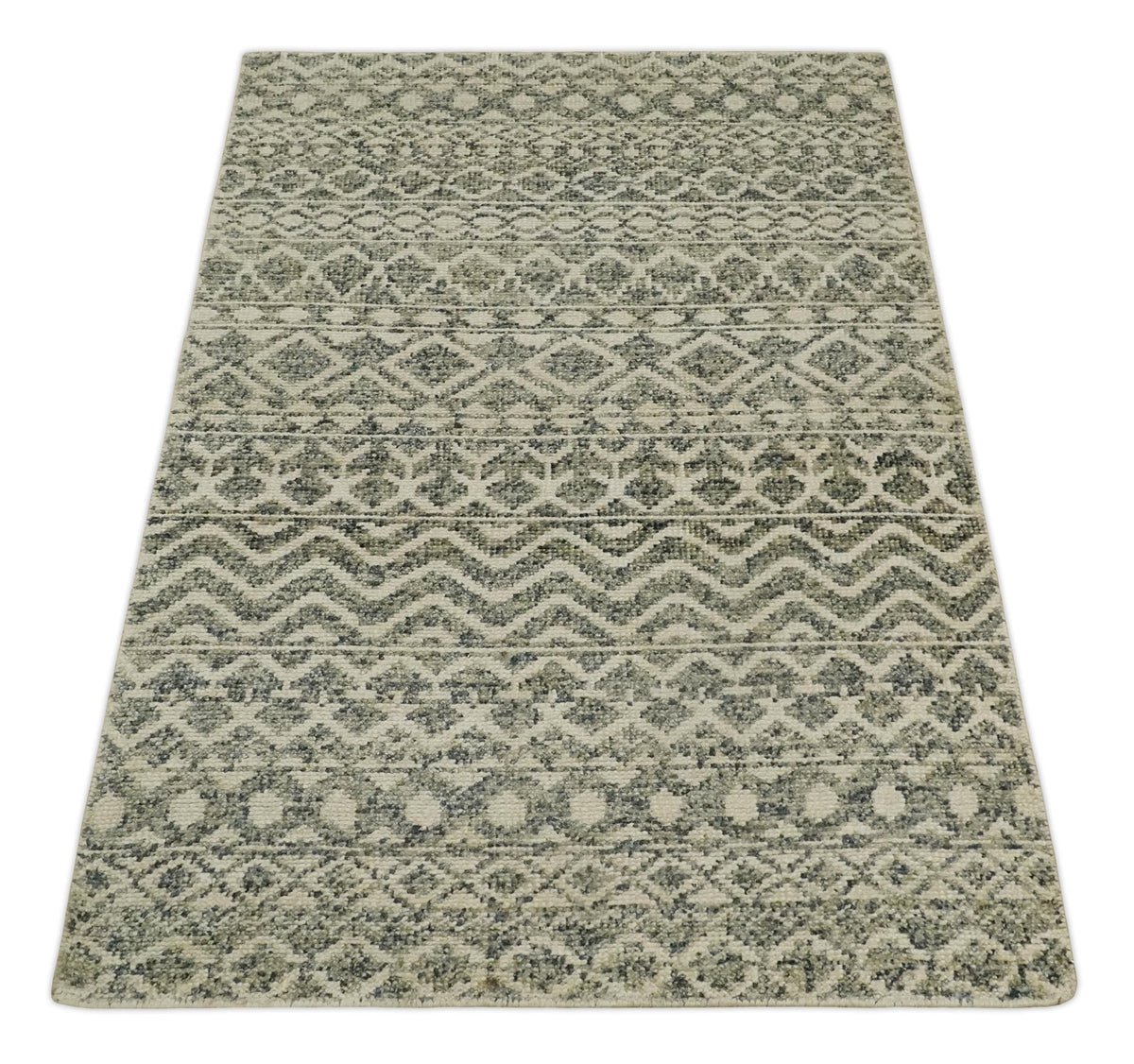 Hand Knotted 4x6 Beige, Camel and Olive Modern Contemporary Southwestern Tribal Trellis Recycled Silk Area Rug.
