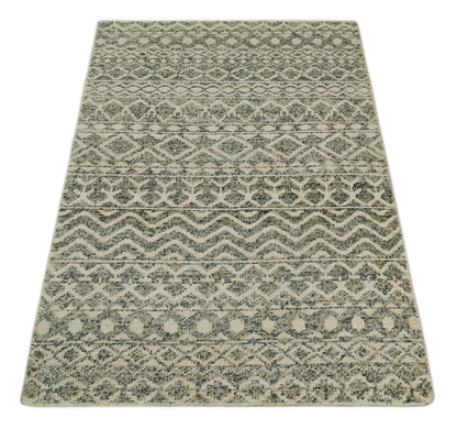 Hand Knotted 4x6 Beige, Camel and Olive Modern Contemporary Southwestern Tribal Trellis Recycled Silk Area Rug.