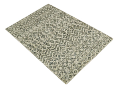 Hand Knotted 4x6 Beige, Camel and Olive Modern Contemporary Southwestern Tribal Trellis Recycled Silk Area Rug.