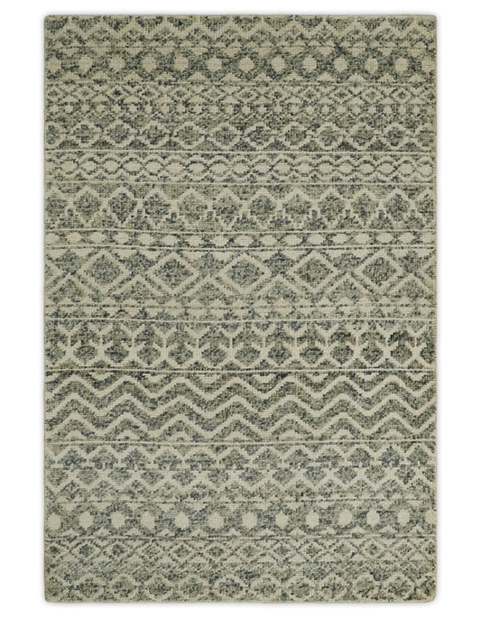 Hand Knotted 4x6 Beige, Camel and Olive Modern Contemporary Southwestern Tribal Trellis Recycled Silk Area Rug.