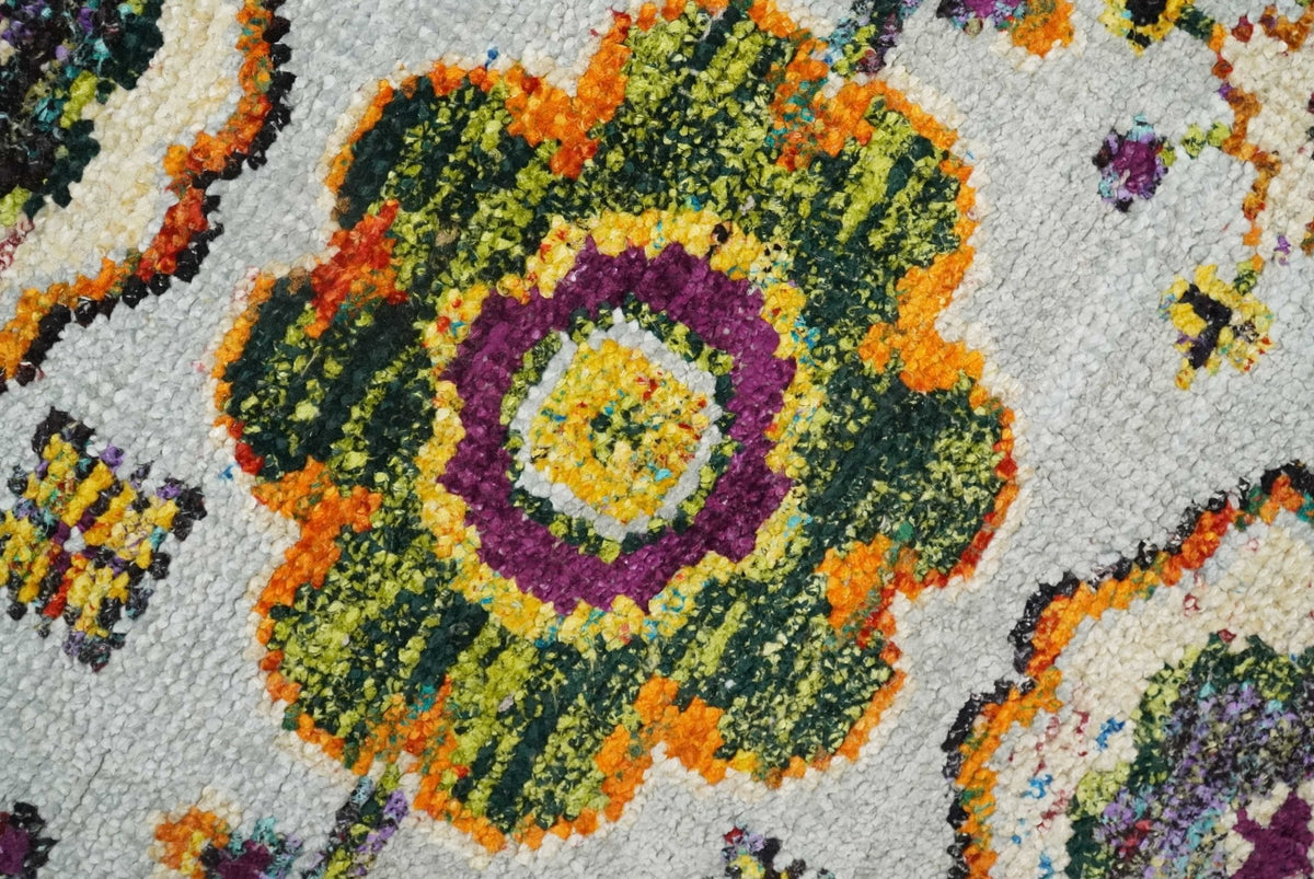 Hand Knotted 4x6 Silver, Mustard and Gold Persian Oushak Recycled Silk Area Rug.