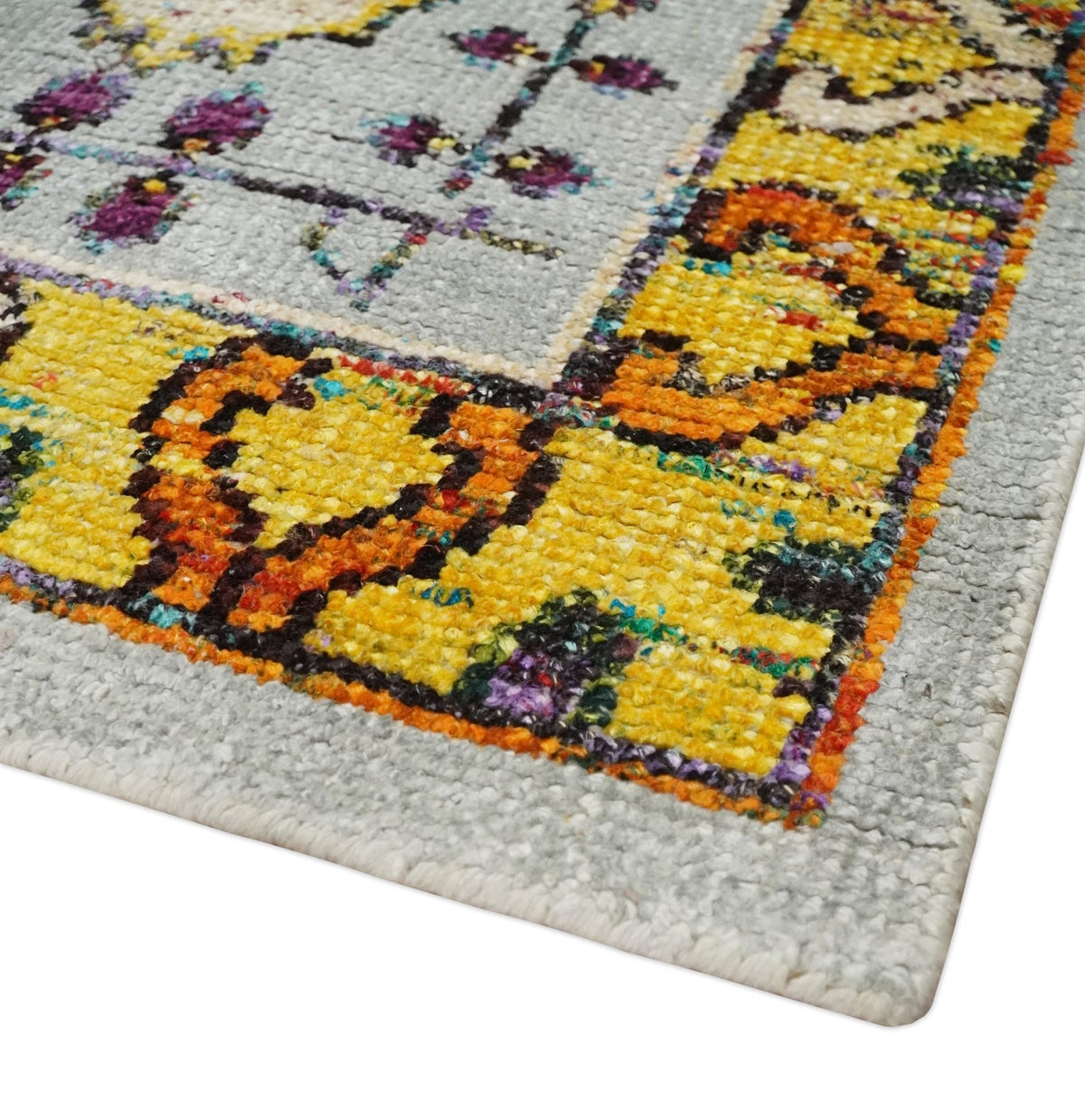 Hand Knotted 4x6 Silver, Mustard and Gold Persian Oushak Recycled Silk Area Rug.
