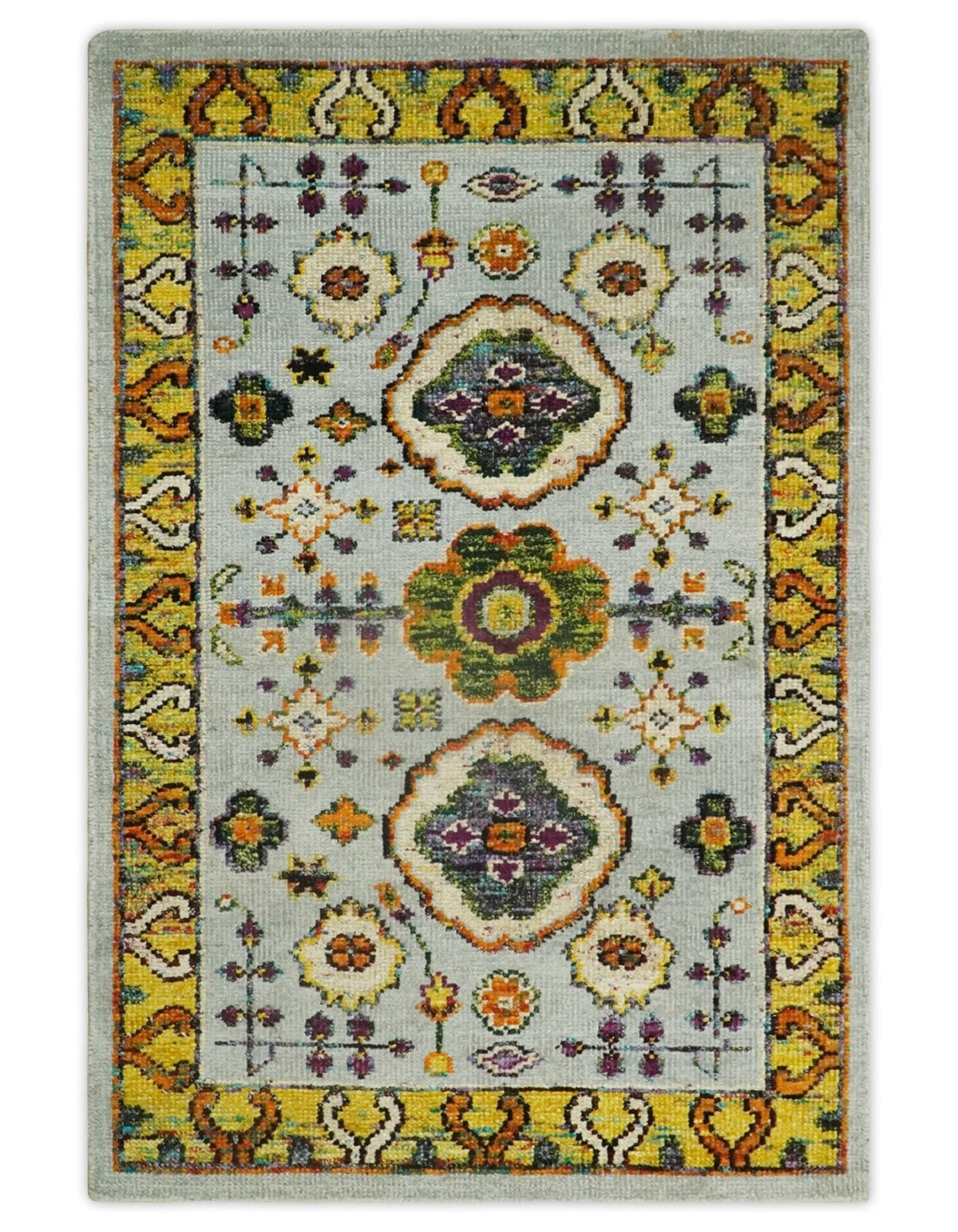 Hand Knotted 4x6 Silver, Mustard and Gold Persian Oushak Recycled Silk Area Rug.