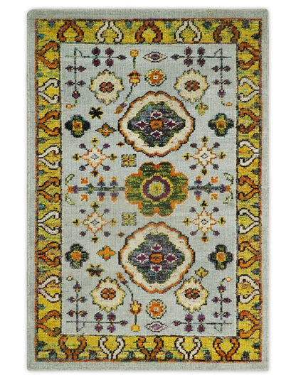 Hand Knotted 4x6 Silver, Mustard and Gold Persian Oushak Recycled Silk Area Rug.