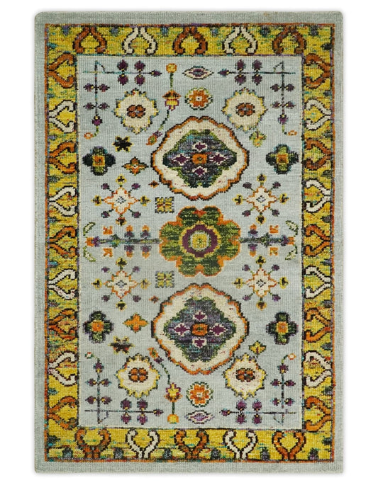 Hand Knotted 4x6 Silver, Mustard and Gold Persian Oushak Recycled Silk Area Rug.