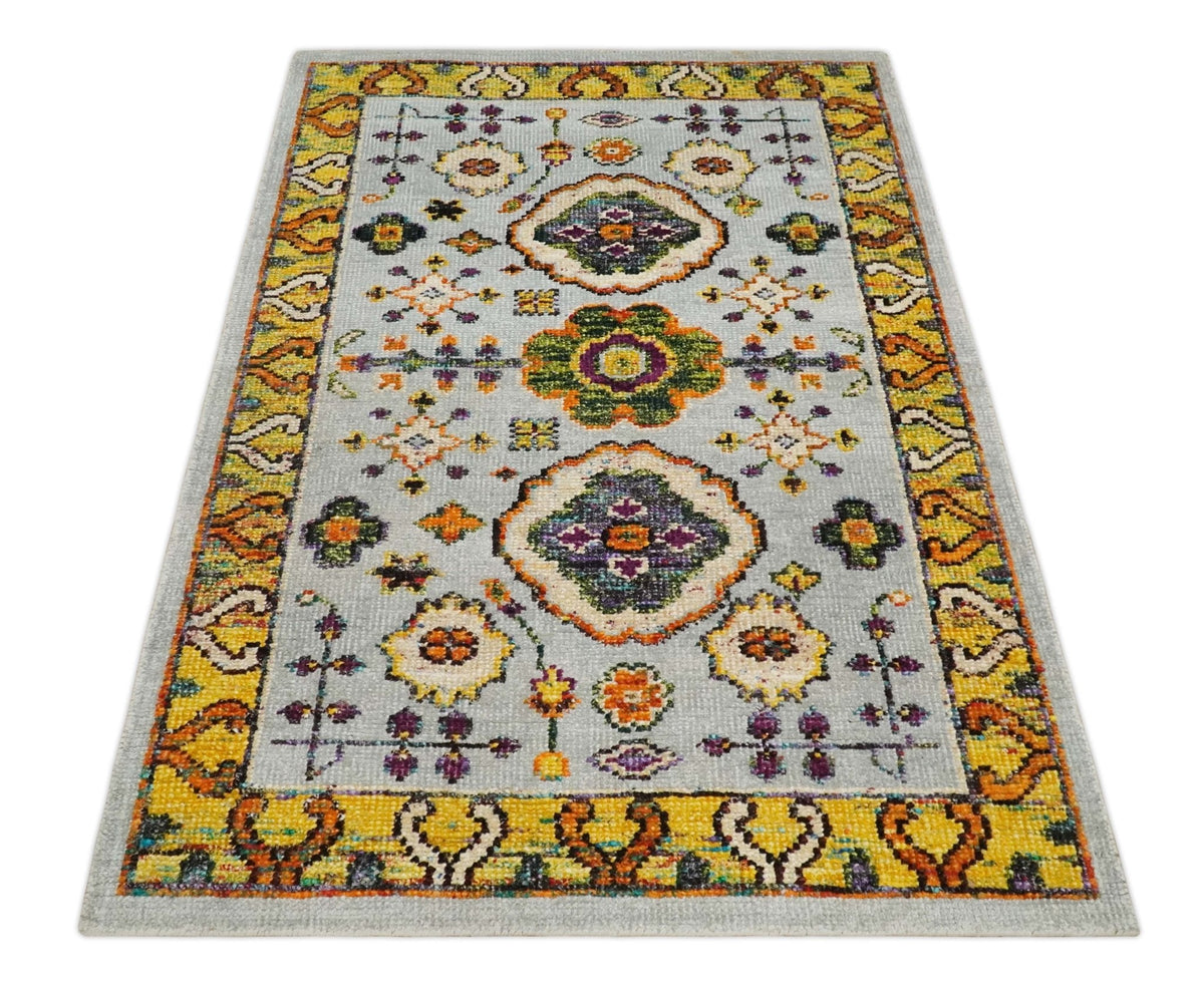 Hand Knotted 4x6 Silver, Mustard and Gold Persian Oushak Recycled Silk Area Rug.