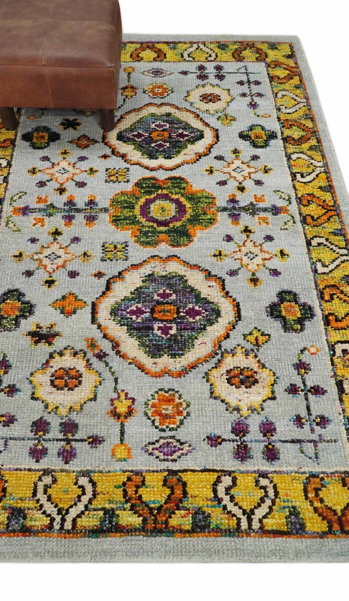 Hand Knotted 4x6 Silver, Mustard and Gold Persian Oushak Recycled Silk Area Rug.