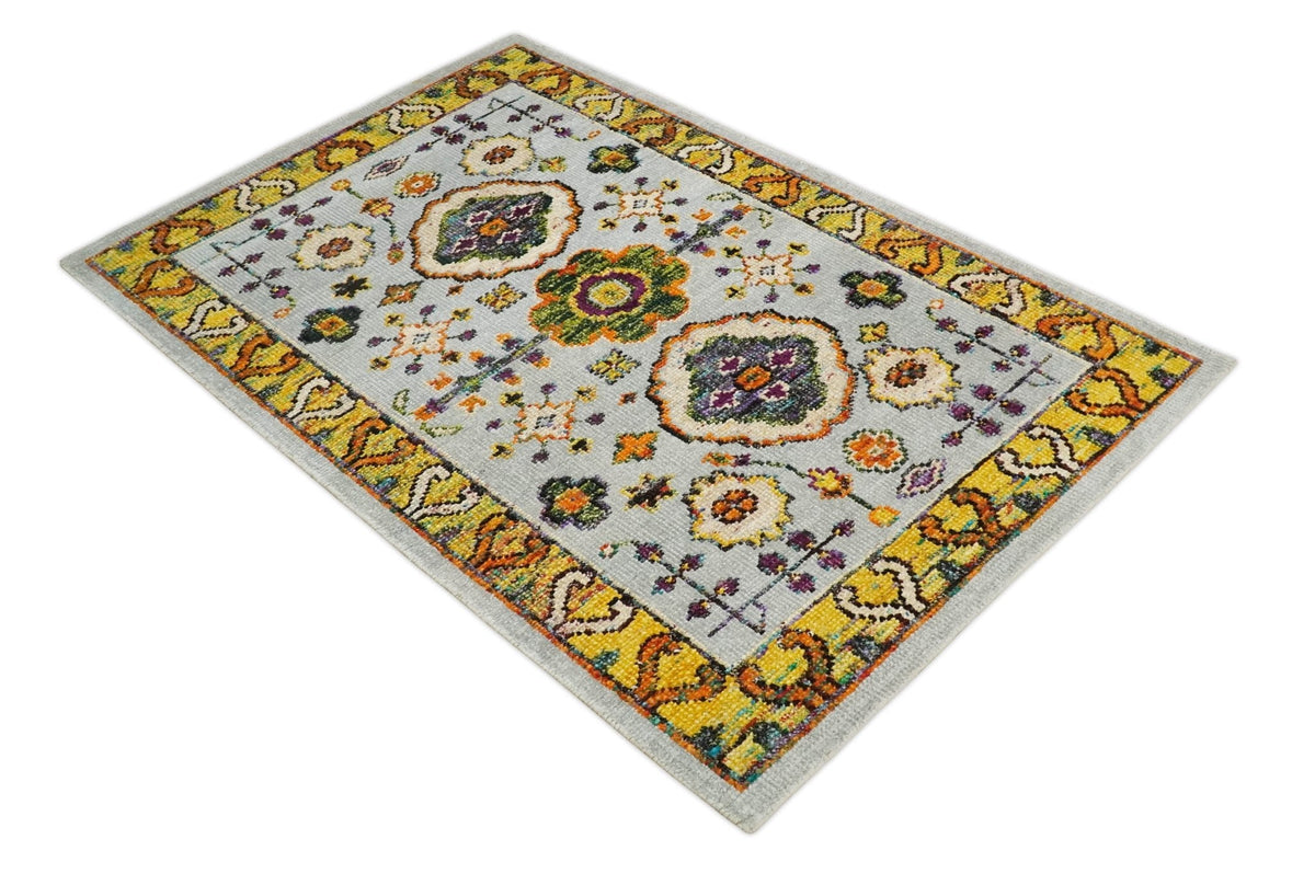 Hand Knotted 4x6 Silver, Mustard and Gold Persian Oushak Recycled Silk Area Rug.