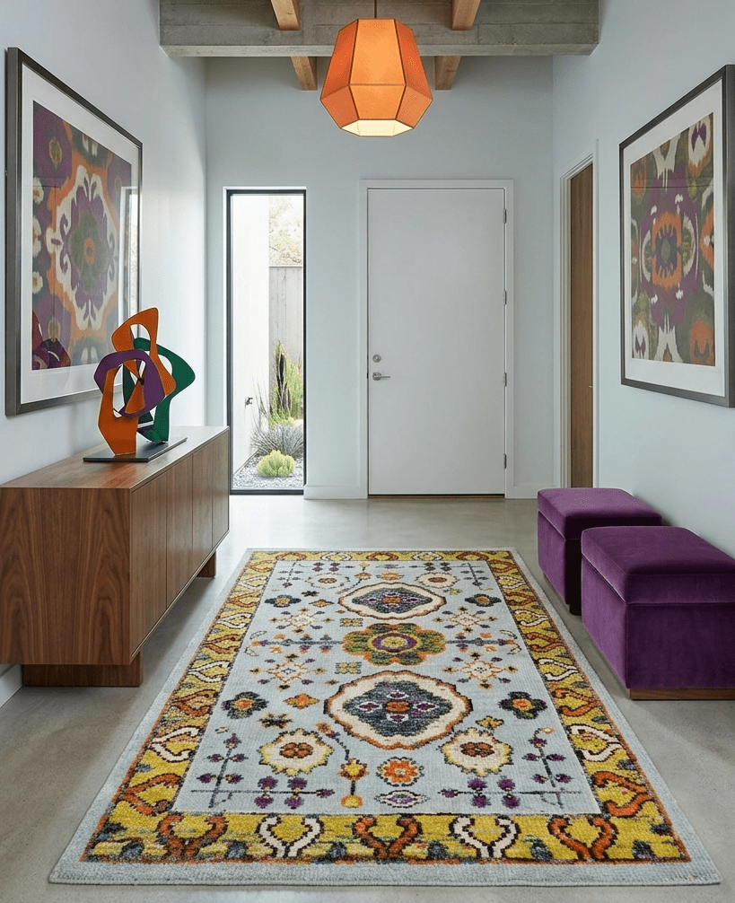 Hand Knotted 4x6 Silver, Mustard and Gold Persian Oushak Recycled Silk Area Rug.