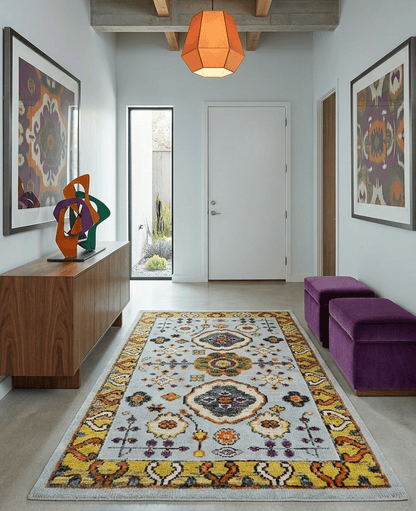 Hand Knotted 4x6 Silver, Mustard and Gold Persian Oushak Recycled Silk Area Rug.