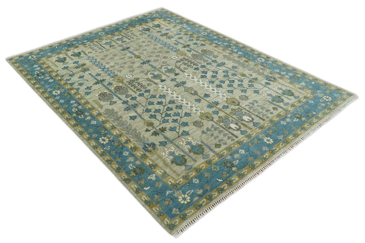 Tree of life Hand Knotted Traditional Beige and Blue Vintage Style Custom Made Wool Area Rug.