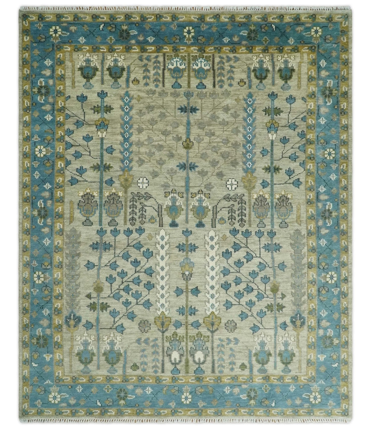Tree of life Hand Knotted Traditional Beige and Blue Vintage Style Custom Made Wool Area Rug.