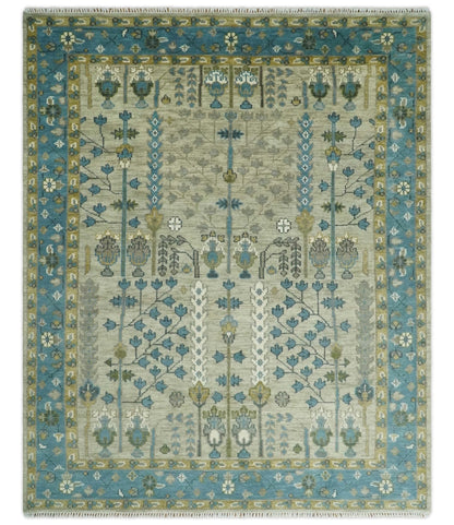 Tree of life Hand Knotted Traditional Beige and Blue Vintage Style Custom Made Wool Area Rug.