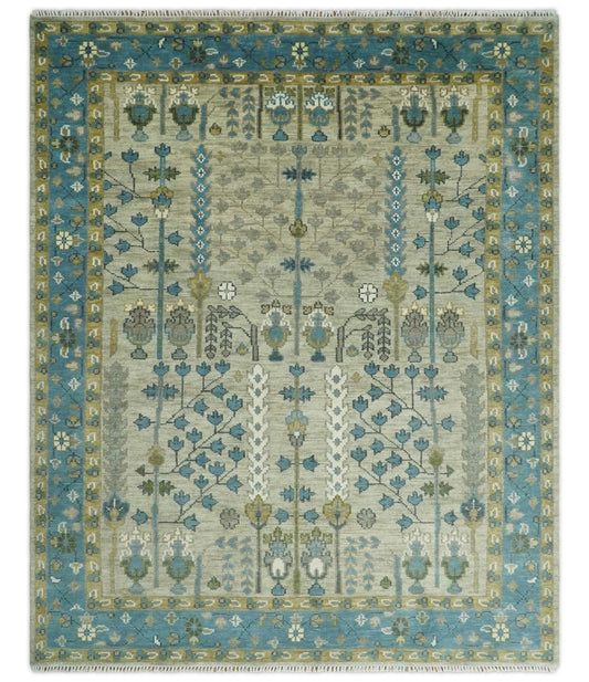 Tree of life Hand Knotted Traditional Beige and Blue Vintage Style Custom Made Wool Area Rug.