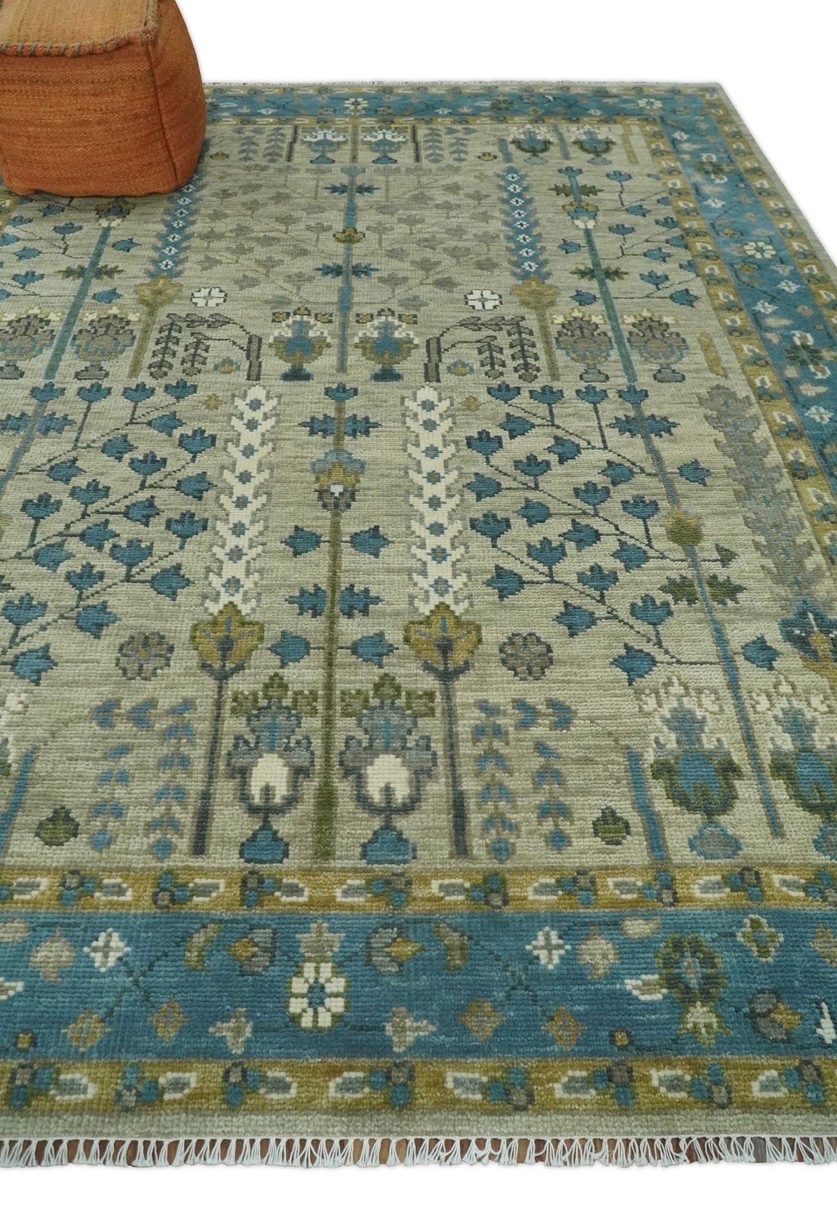 Tree of life Hand Knotted Traditional Beige and Blue Vintage Style Custom Made Wool Area Rug.