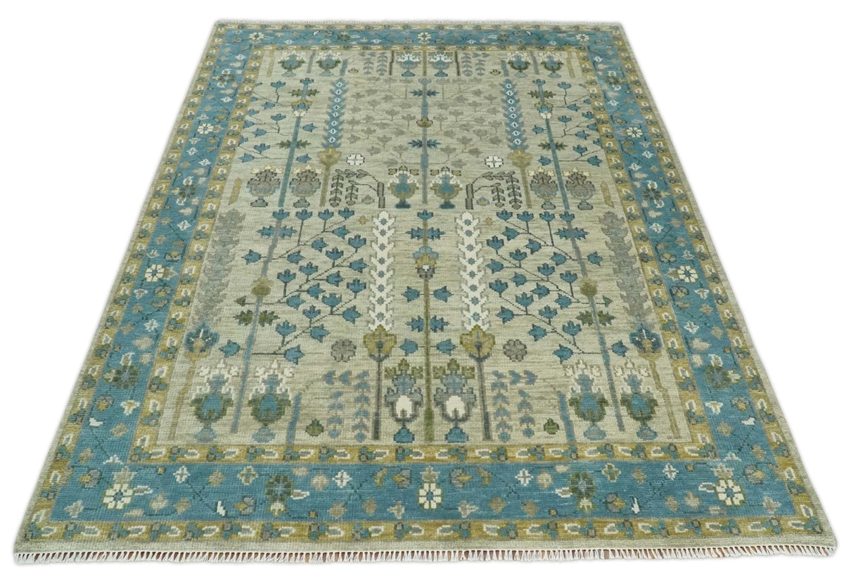 Tree of life Hand Knotted Traditional Beige and Blue Vintage Style Custom Made Wool Area Rug.