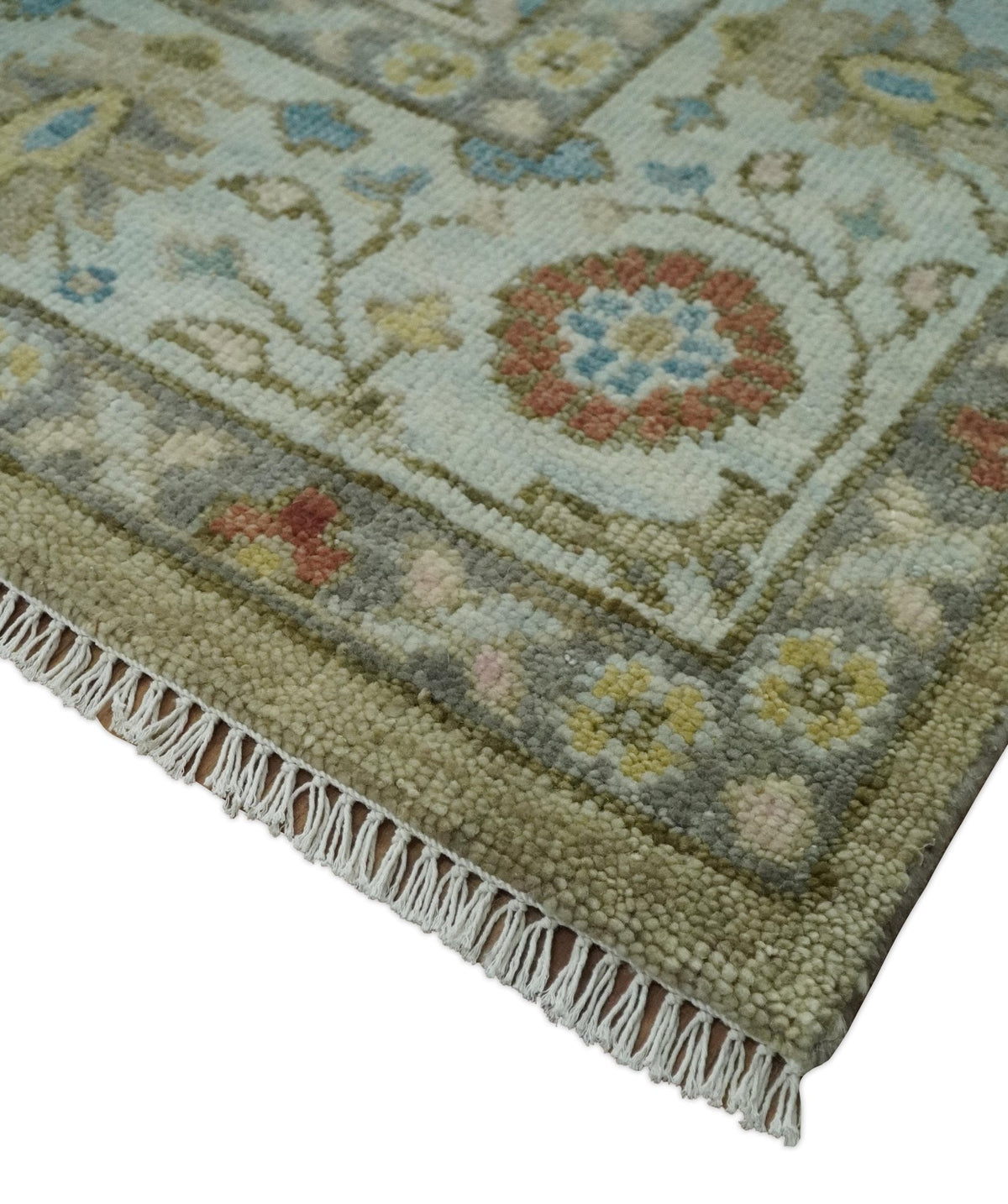 Hand Knotted Beige, Ivory and Gray Traditional Oushak Custom Made Wool Rug.