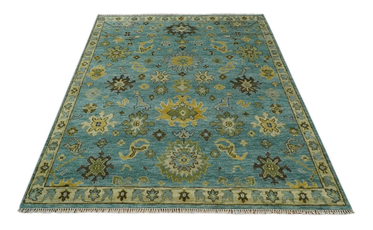 Hand Knotted Teal and Gold Traditional Oushak Multi Size Wool Area Rug.
