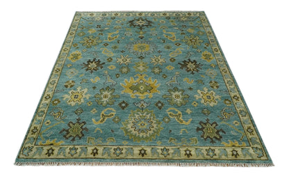 Hand Knotted Teal and Gold Traditional Oushak Multi Size Wool Area Rug.