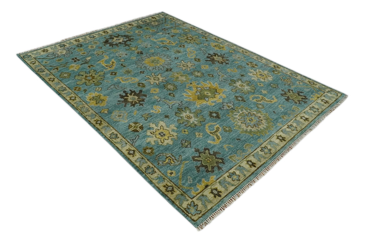 Hand Knotted Teal and Gold Traditional Oushak Multi Size Wool Area Rug.