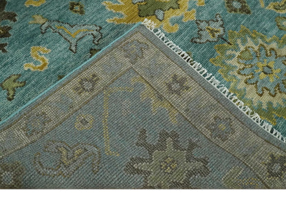 Hand Knotted Teal and Gold Traditional Oushak Multi Size Wool Area Rug.