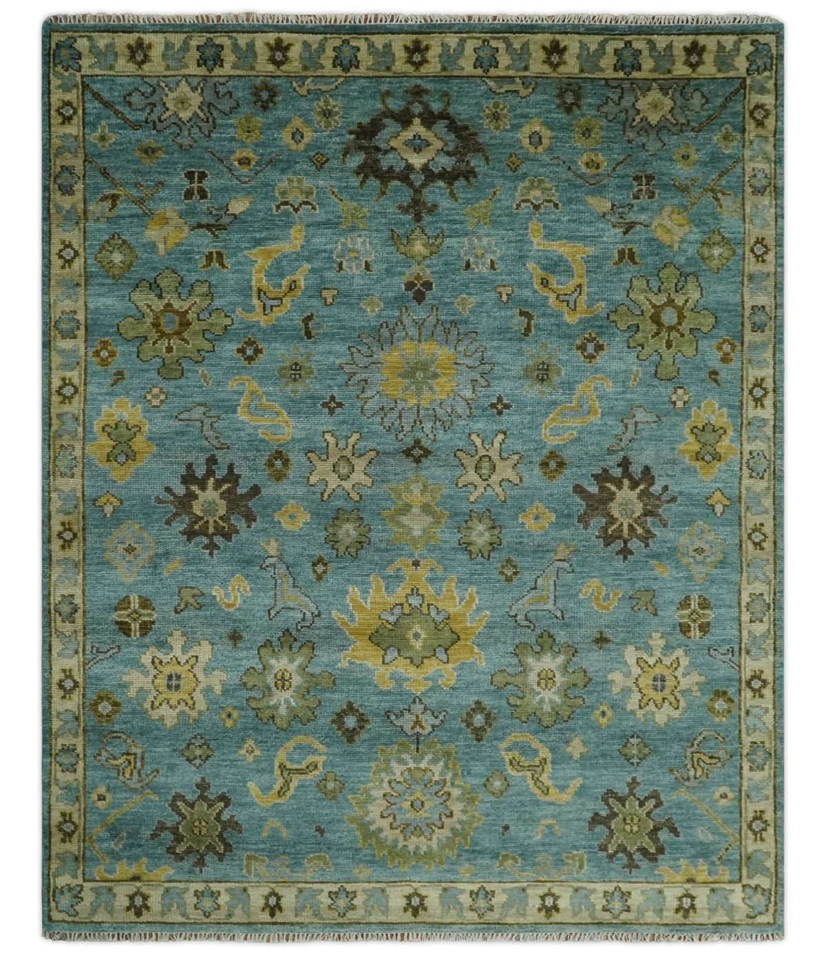 Hand Knotted Teal and Gold Traditional Oushak Multi Size Wool Area Rug.