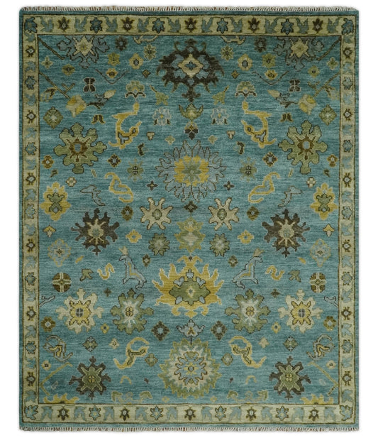 Hand Knotted Teal and Gold Traditional Oushak Multi Size Wool Area Rug.
