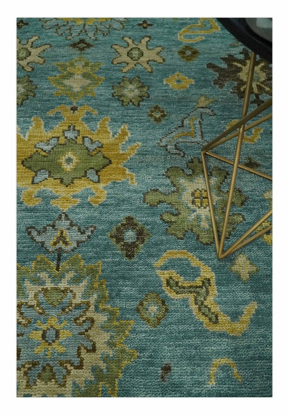 Hand Knotted Teal and Gold Traditional Oushak Multi Size Wool Area Rug.