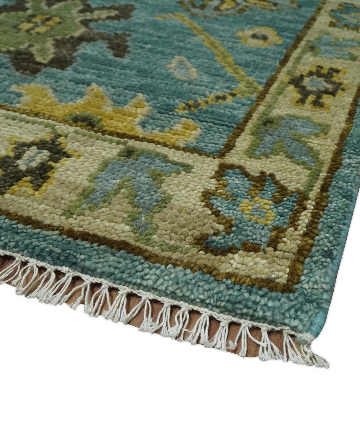 Hand Knotted Teal and Gold Traditional Oushak Multi Size Wool Area Rug.