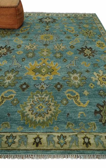 Hand Knotted Teal and Gold Traditional Oushak Multi Size Wool Area Rug.