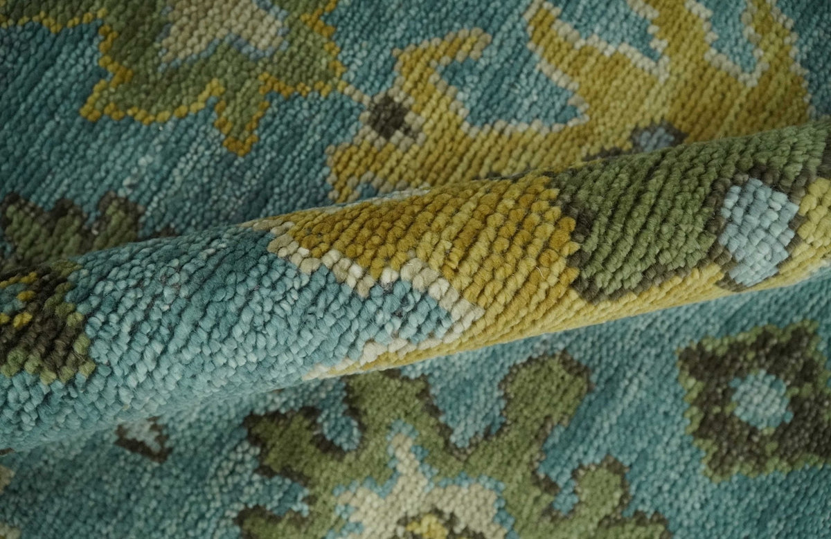 Hand Knotted Teal and Gold Traditional Oushak Multi Size Wool Area Rug.