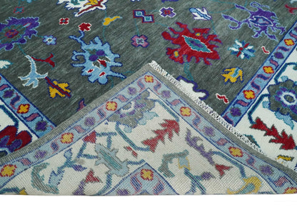 Hand Knotted Charcoal and Ivory Traditional Oushak Style Wool Rug.