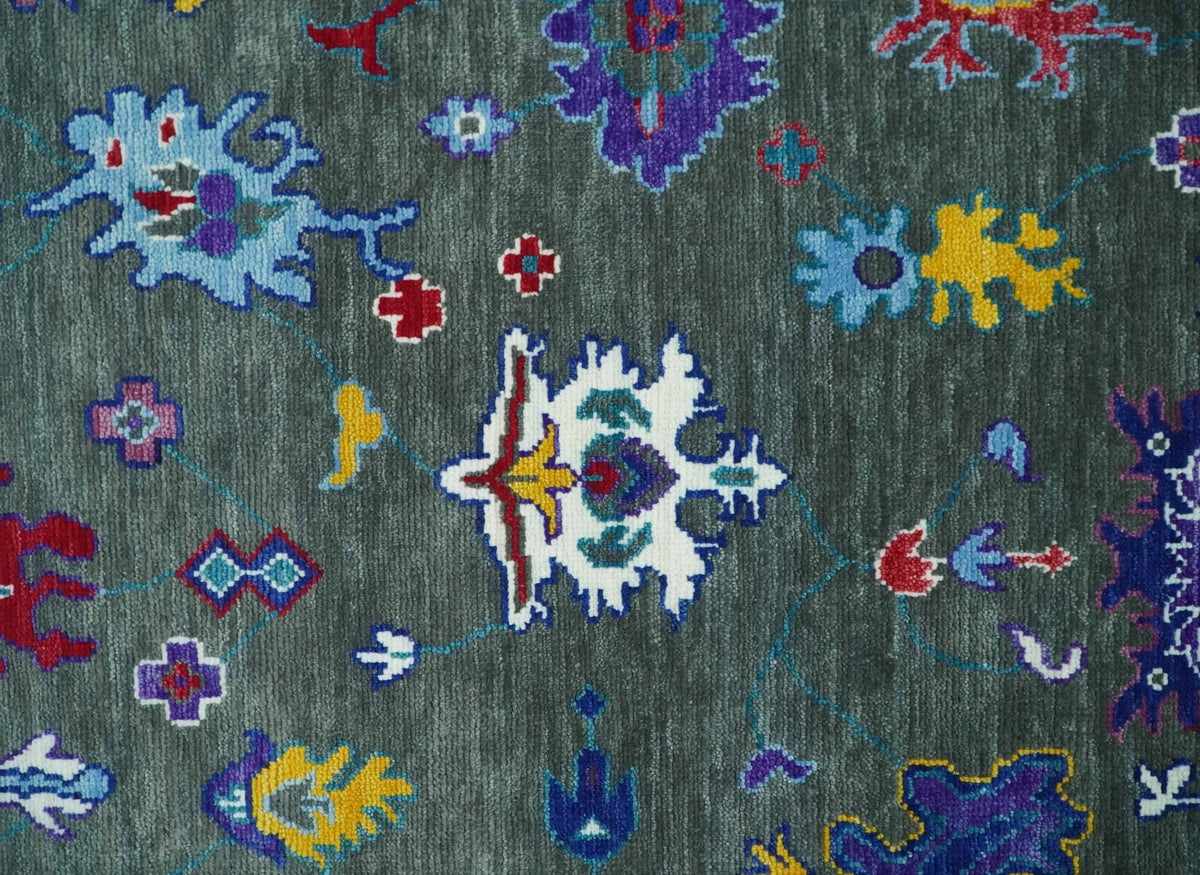 Hand Knotted Charcoal and Ivory Traditional Oushak Style Wool Rug.