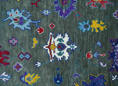 Hand Knotted Charcoal and Ivory Traditional Oushak Style Wool Rug.